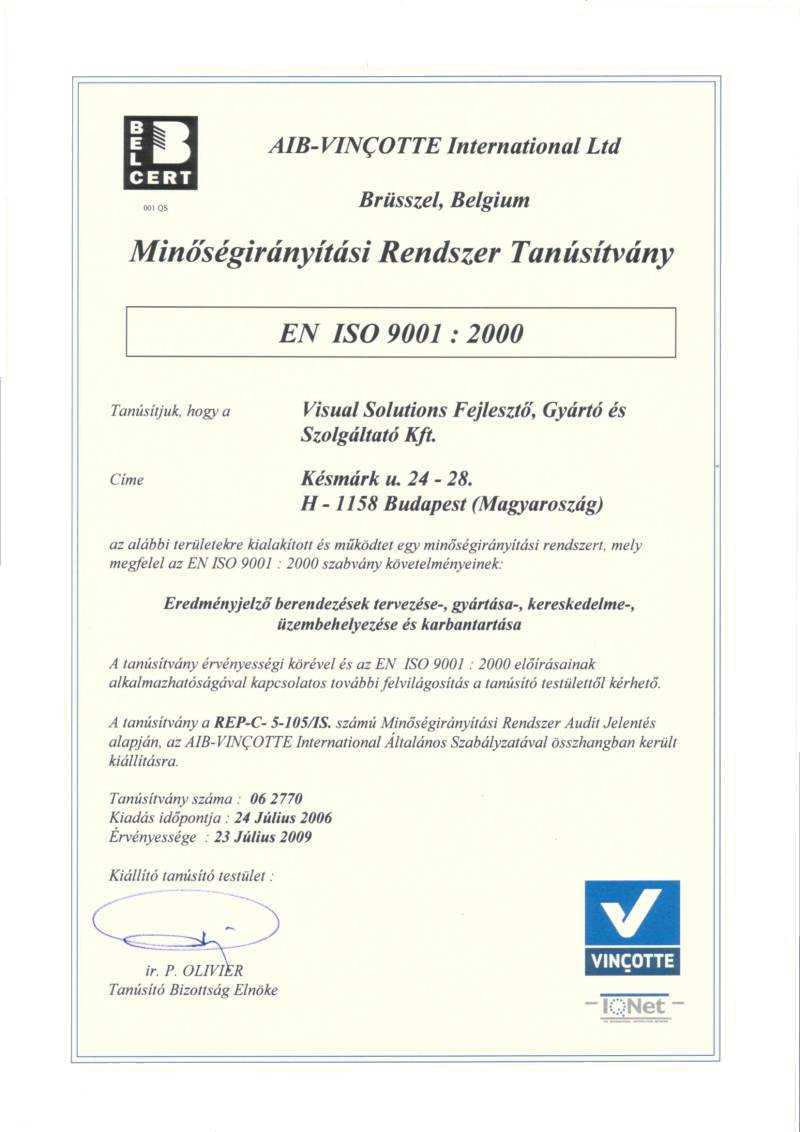 ISO9001:2000 Tanúsítvány