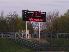 Soccer scoreboard with moving message